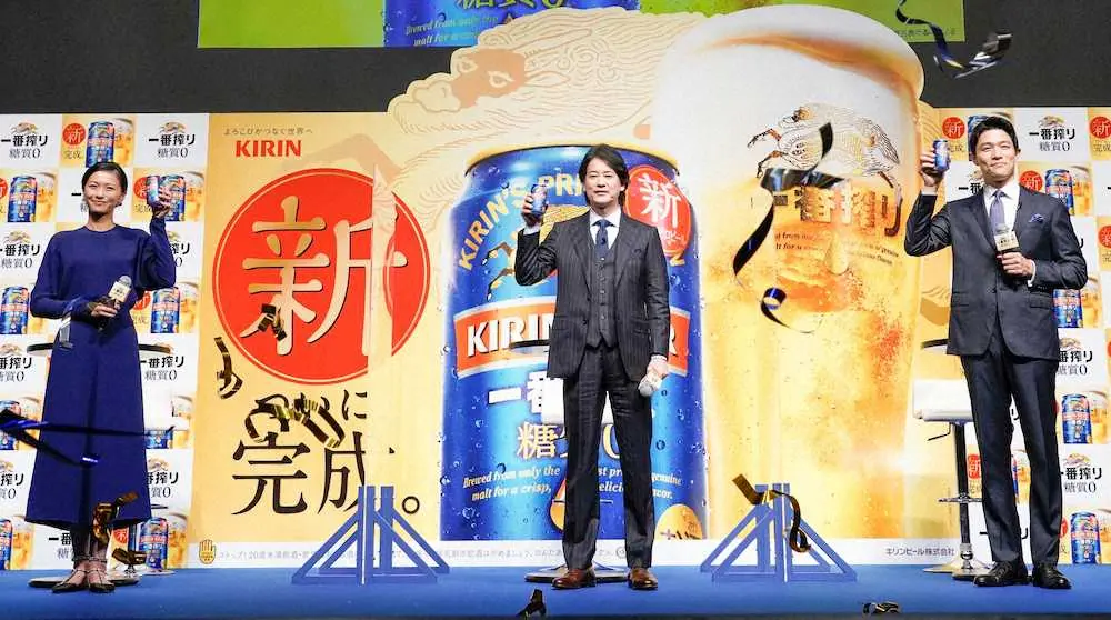 唐沢寿明「ビールはもうこれでいい」、鈴木亮平らとキリンビールの発表会に出席