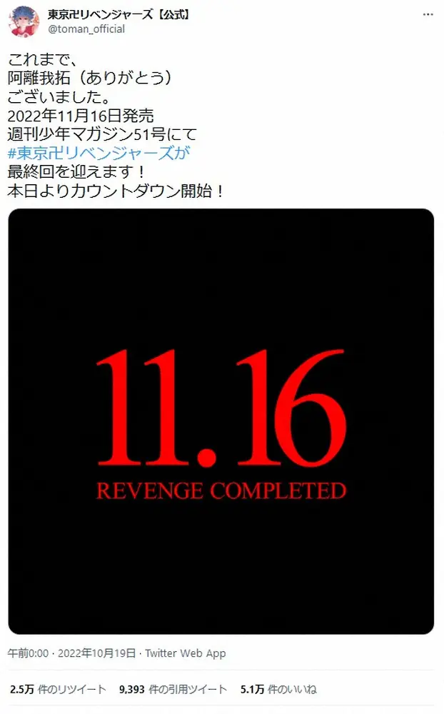 「東京卍リベンジャーズ」　11・16最終回を迎えることを発表！ネット悲しみ「やだ！終わらないで」の声