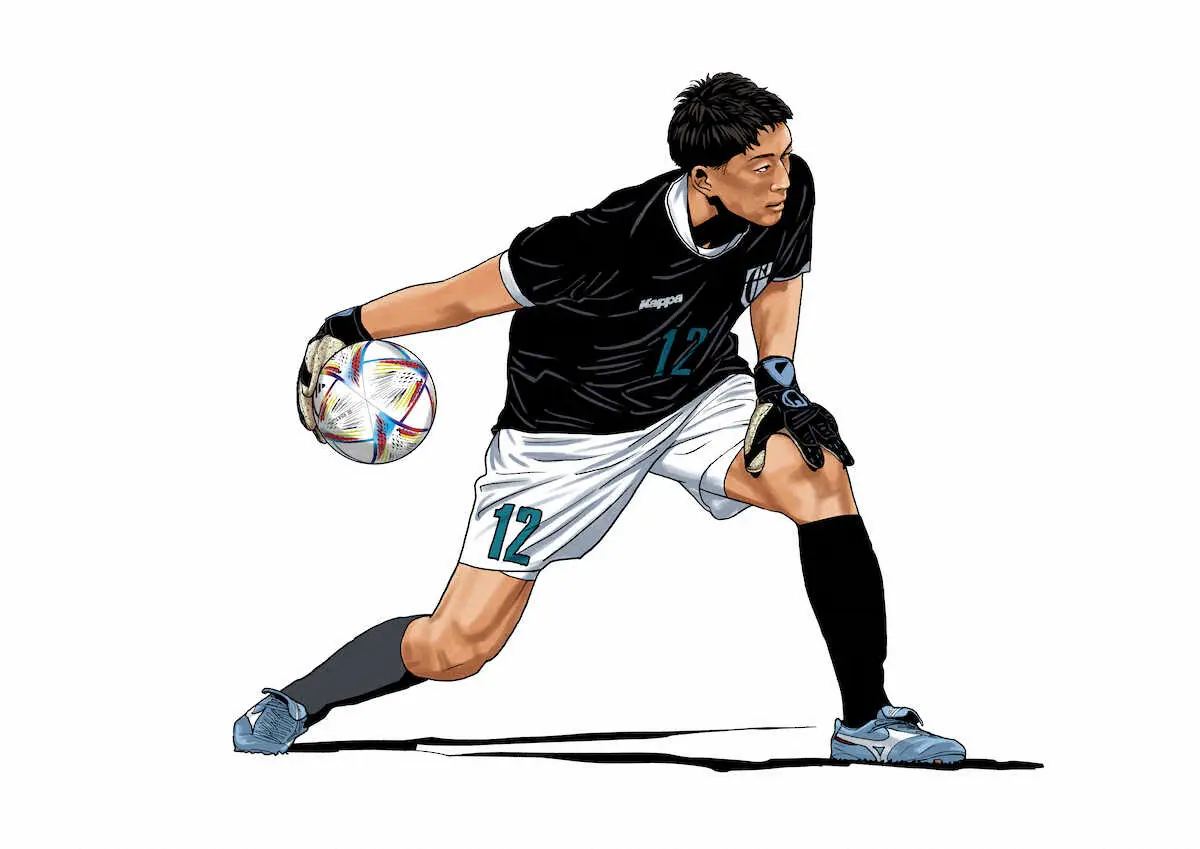 大武ユキさんが描いた権田修一のイラスト。自著「フットボールネーション」で主人公が所属する「東京クルセイド」のユニフォーム姿で描いた