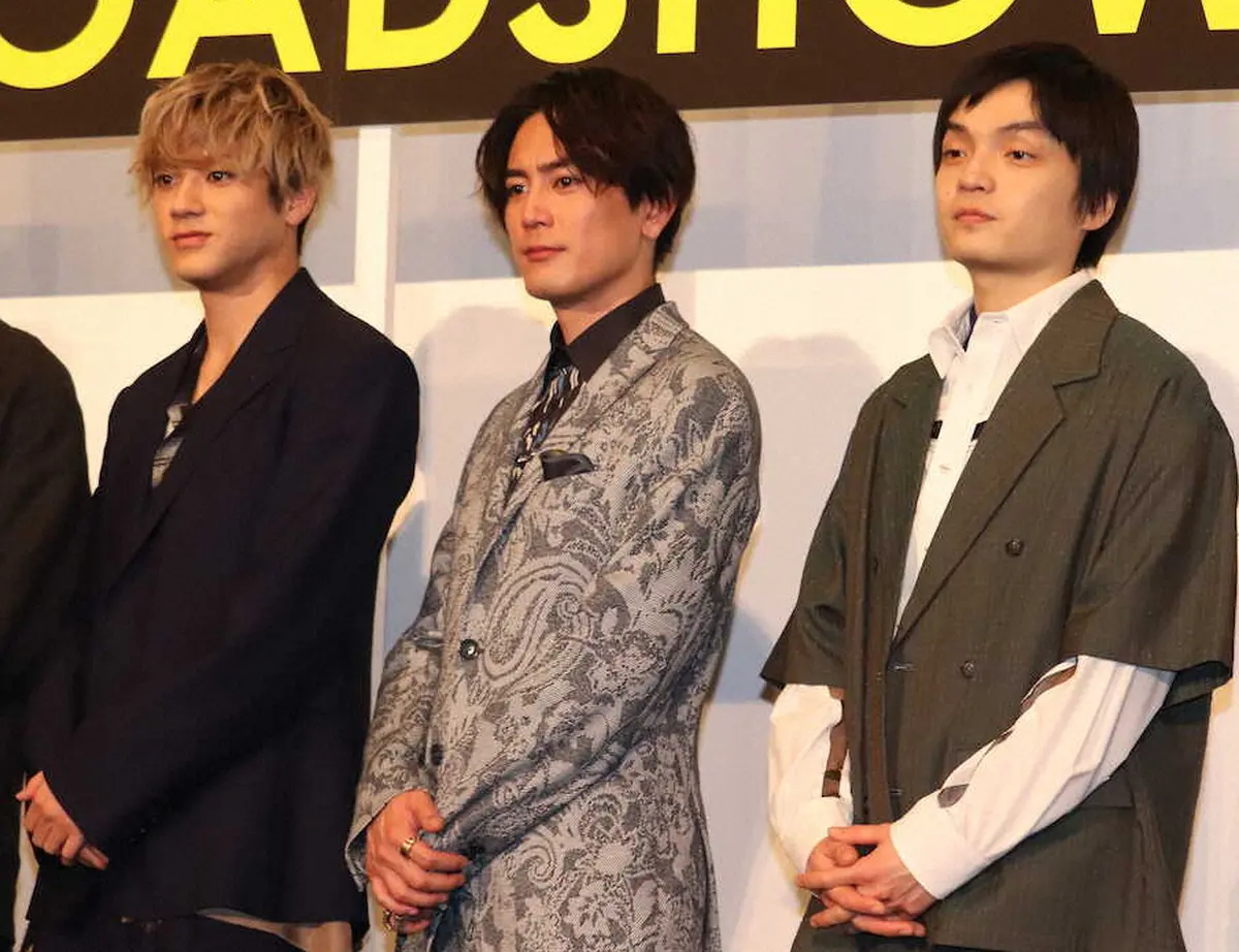 アニメ映画「BLUE　GIANT」の完成披露試写会に出席した（左から）山田裕貴、間宮祥太朗、岡山天音