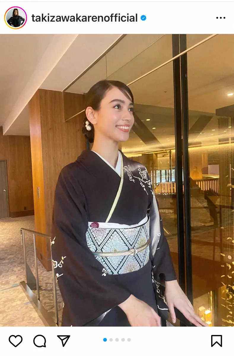 滝沢カレン　プライベート初の和服姿で友人結婚式へ　梅あしらった和服姿で左手薬指には指輪もキラリ