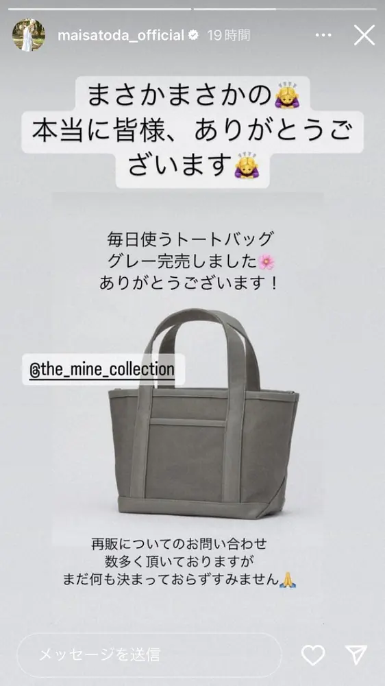 “バカ売れ”したトートバッグ（里田まい公式インスタグラム@maisatoda_officialから）