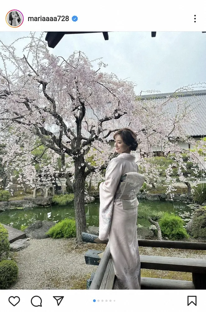 谷まりあ　「京都の空気にたくさん癒されました」着物姿の花見ショットに「美しすぎる」「色っぽい」の声