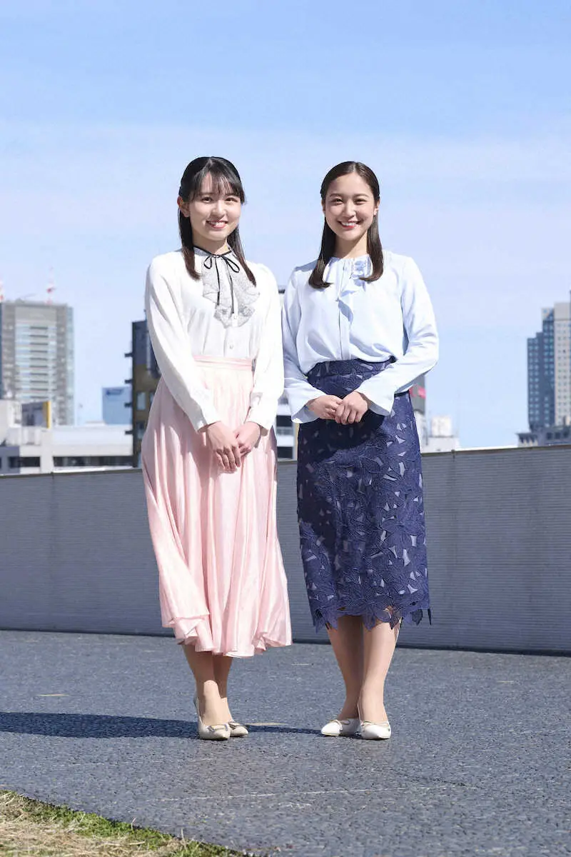 テレビ朝日に2024年入社する三山賀子アナ（左）と松岡朱里アナ（右）