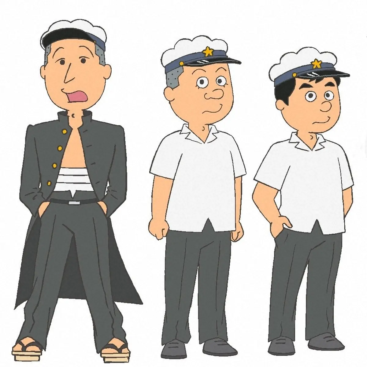 公開されたキャラクター（左から）長田庄平、松尾駿、せいや（長谷川町子美術館）