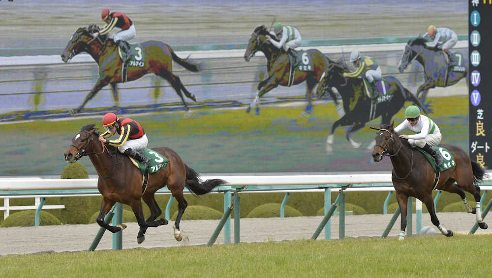 ＜阪神１１Ｒ・毎日杯＞勝利した松山騎手騎乗のアルアイン（左）