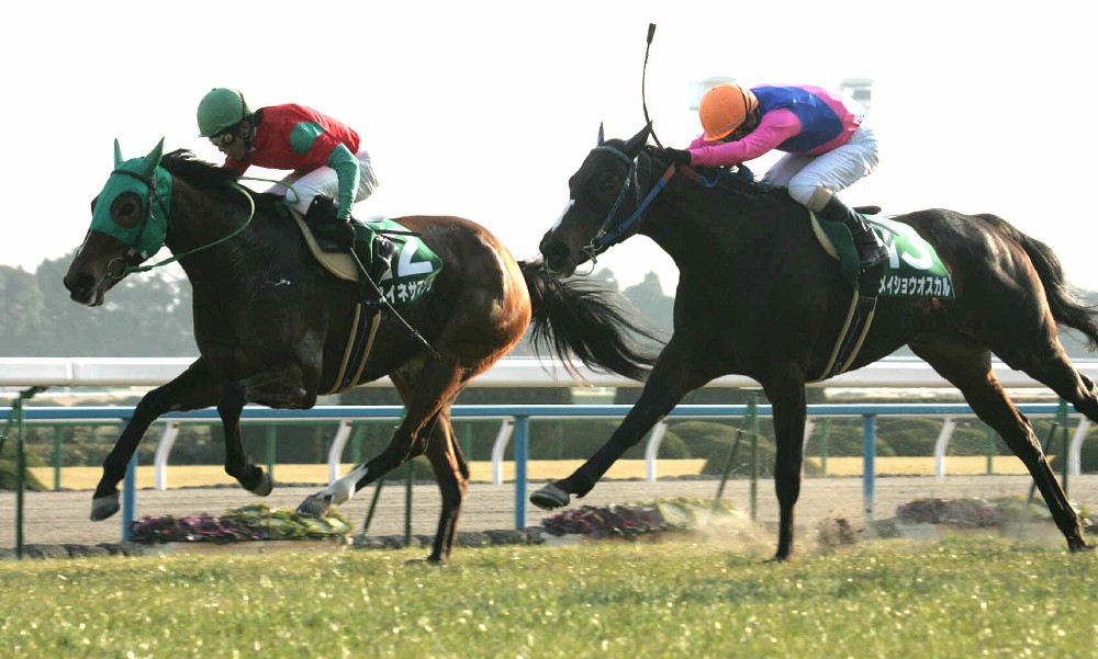 ０６年の京都牝馬Ｓを岩田の手綱で制したマイネサマンサ（左）