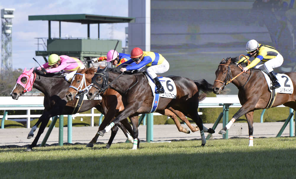 阪神６Ｒ新馬戦、直線差し切り勝利したＣ．デムーロ騎手騎乗のエアシンフォニー（中）