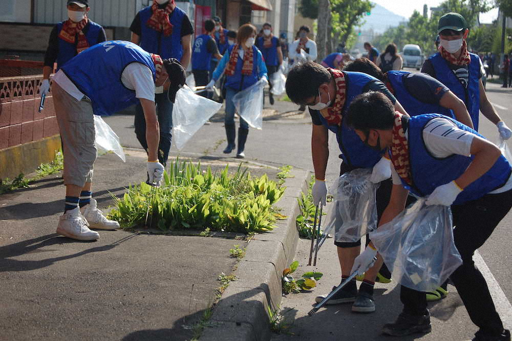 函館競馬場周辺でボランティア清掃を行うJRA厩舎従業員（撮影・小田　哲也）