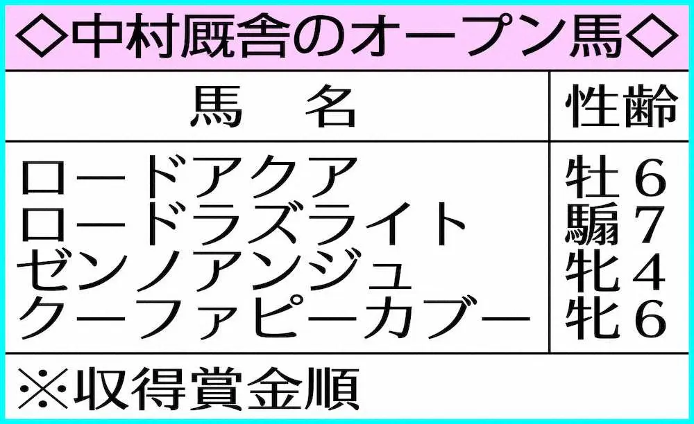 【画像・写真】中村厩舎のオープン馬