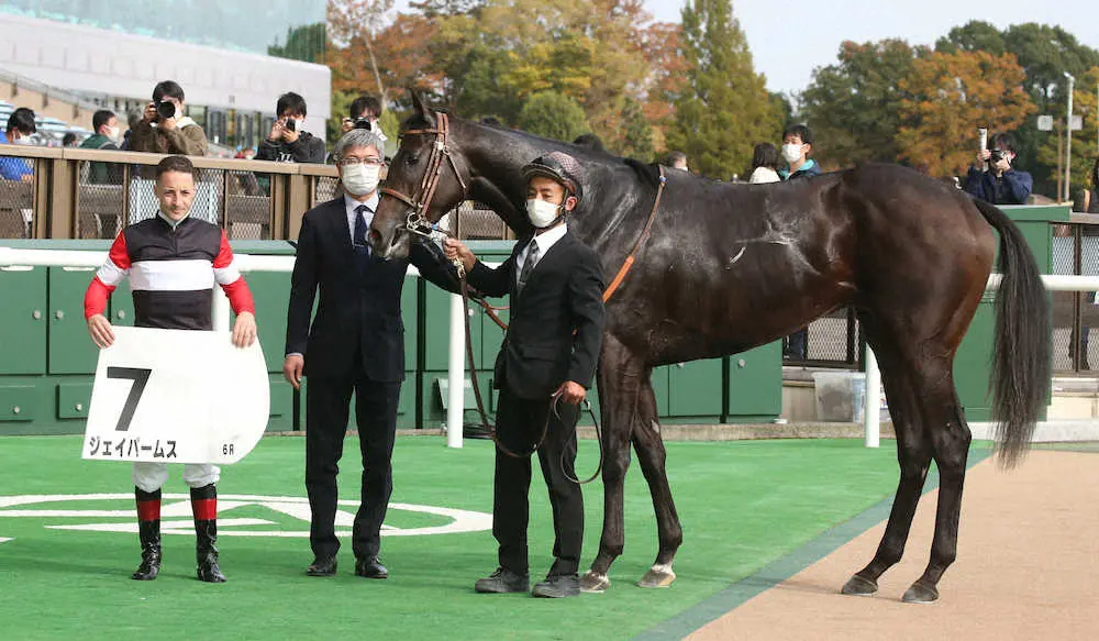 ＜東京6R＞新馬戦を制したジェイパームスと（左から）ルメール、堀師（撮影・西川祐介）