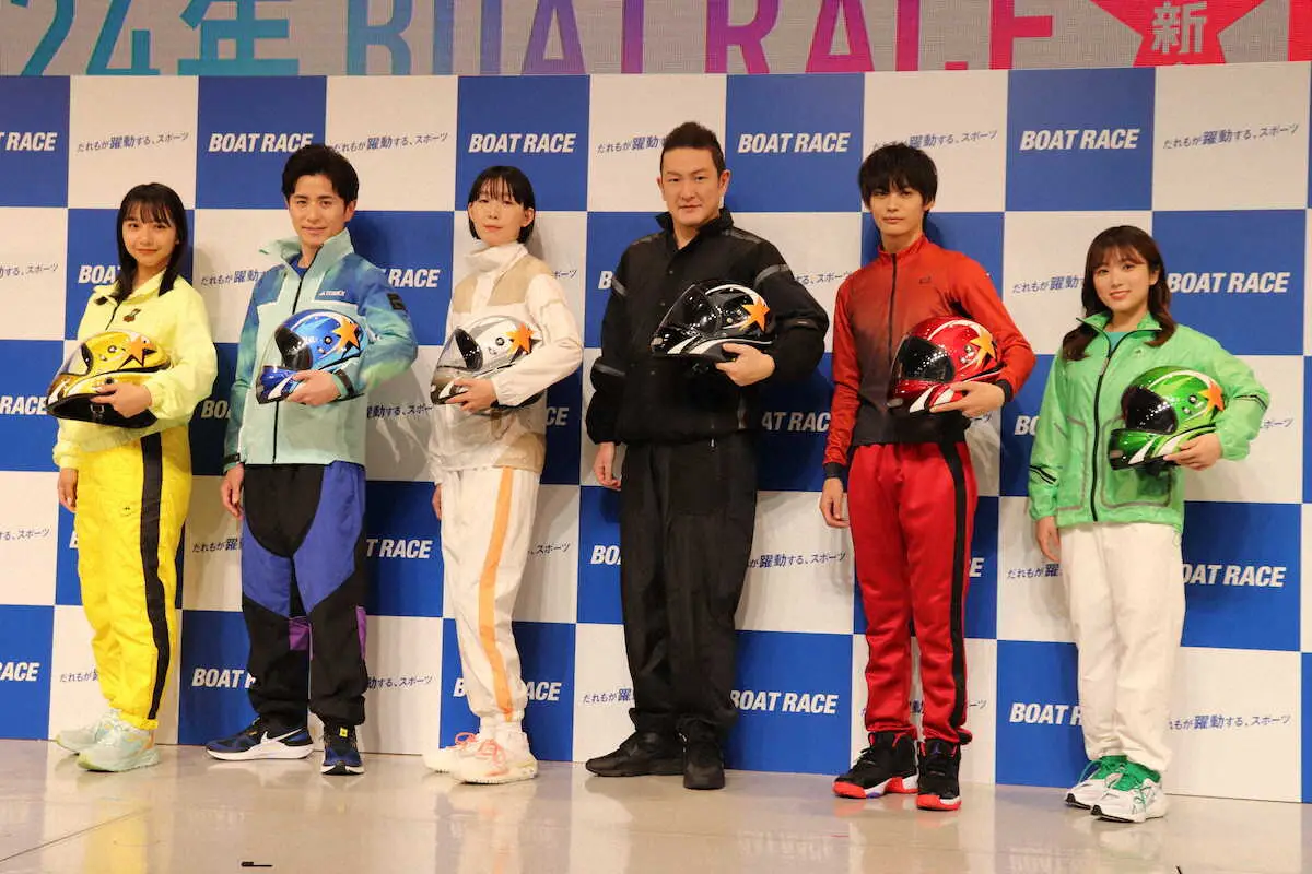 ボートレース2024年新CMシリーズに出席した（左から）山之内すず、藤森慎吾、江口のりこ、中村獅童、神尾楓珠、矢吹奈子
