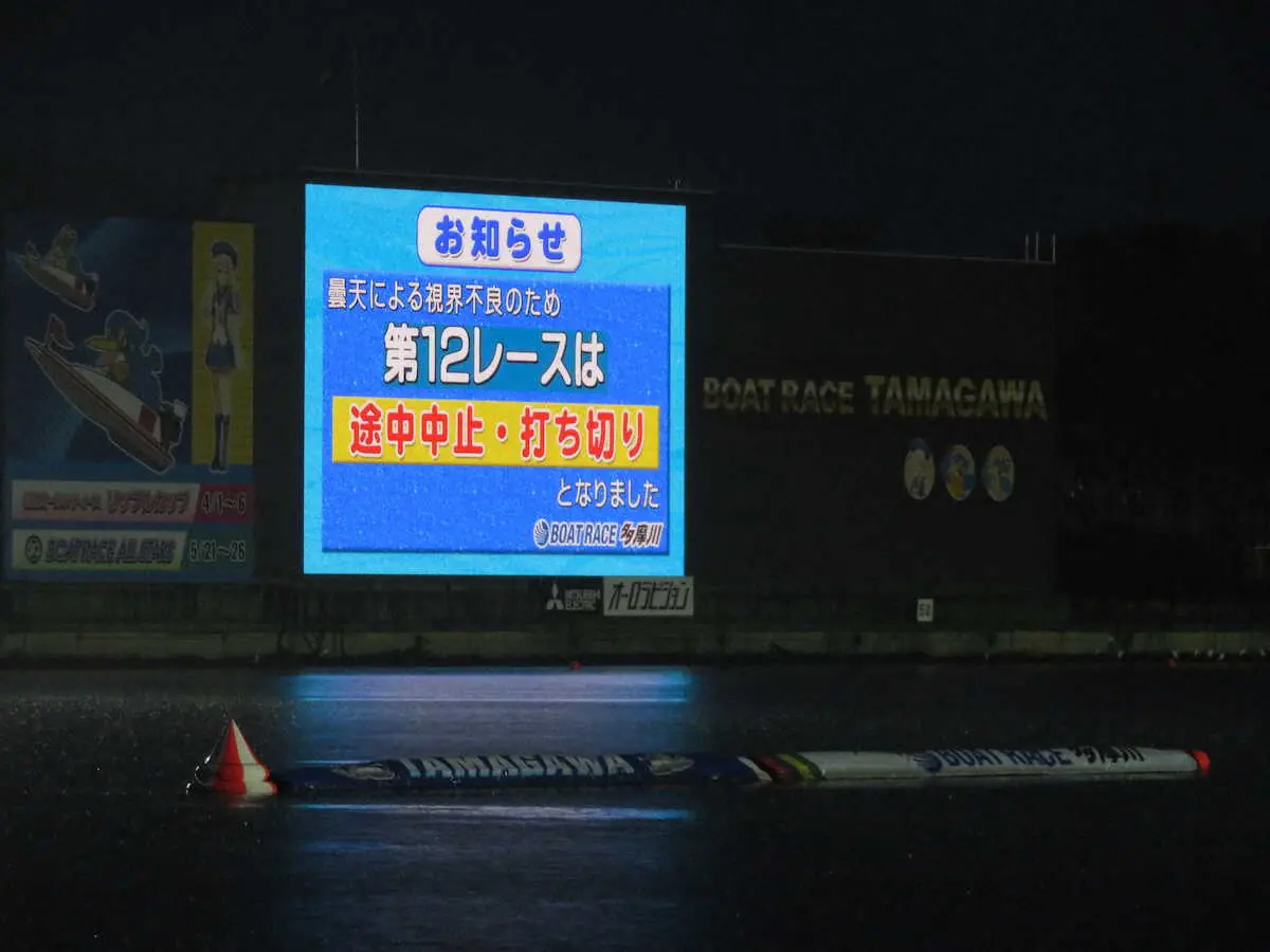 12Rの中止、打ち切りを伝える多摩川ボートの場内モニター　　　　　　　　　　　　　　　　　　　　　　　　　　　　　　　