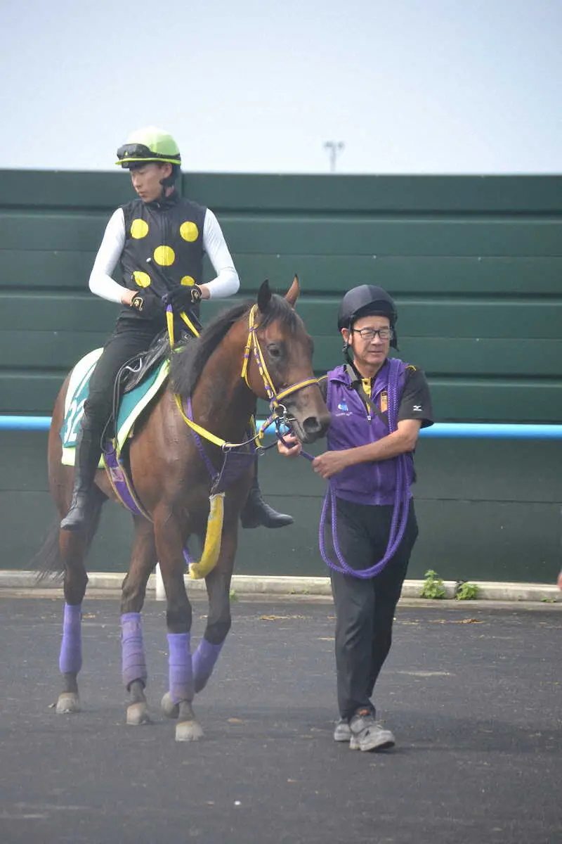 ヒデノブルースカイと担当の田中一征厩務員（右）