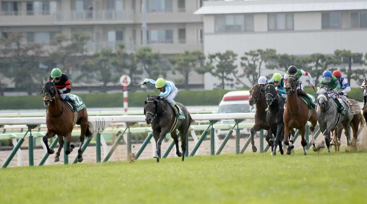 ＜函館記念＞好位から抜け出しレースを制したホウオウビスケッツ（左端）（撮影・千葉　茂）