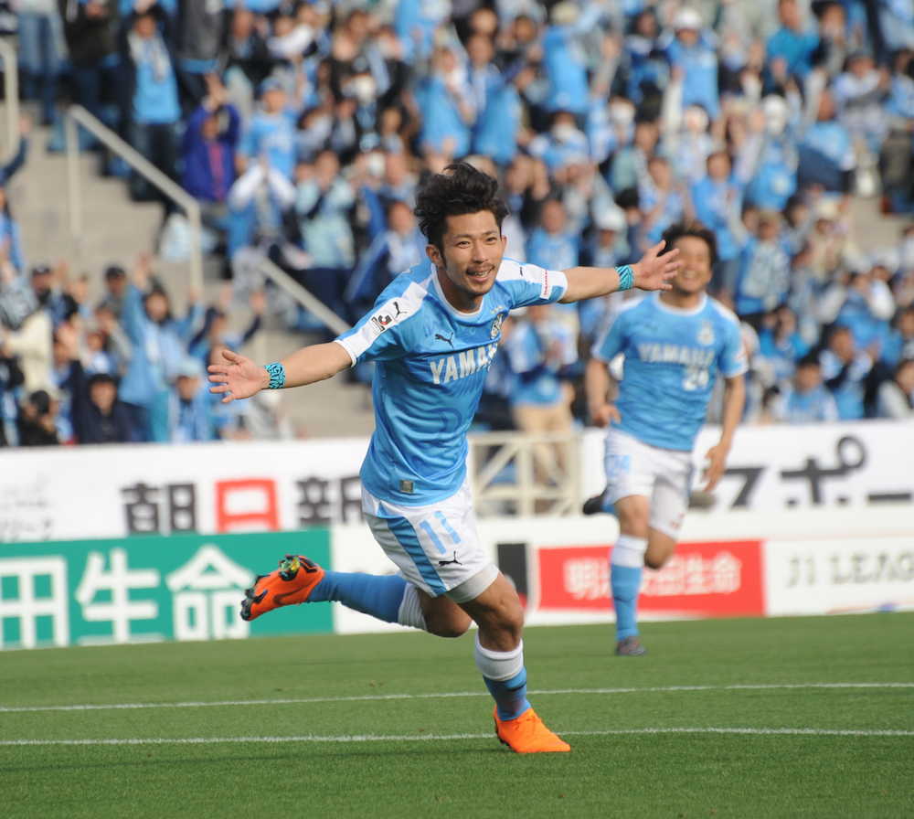 後半１２分、今季初ゴールとなる決勝点を決めた磐田・松浦