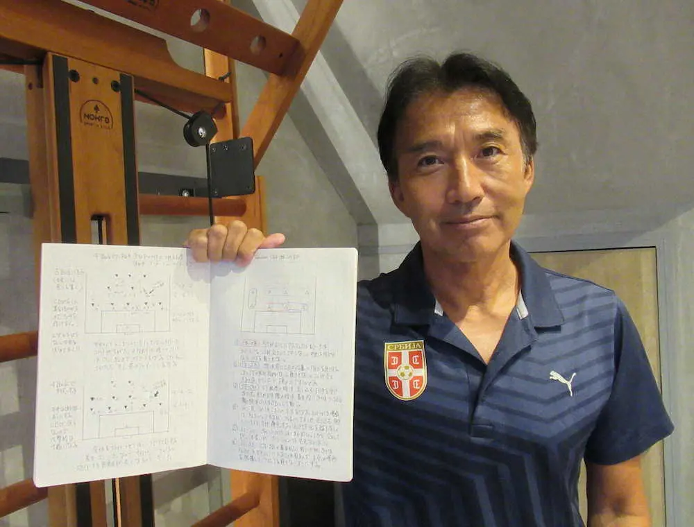 様々な指導者から得た知識をもとに独自作成した『サッカーノート』を持つセルビア代表の喜熨斗勝史コーチ
