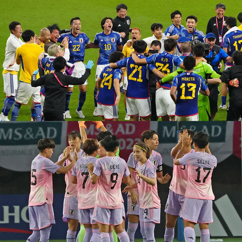 昨年男子W杯に出場した日本代表イレブン。下は女子日本代表「なでしこジャパン」メンバー