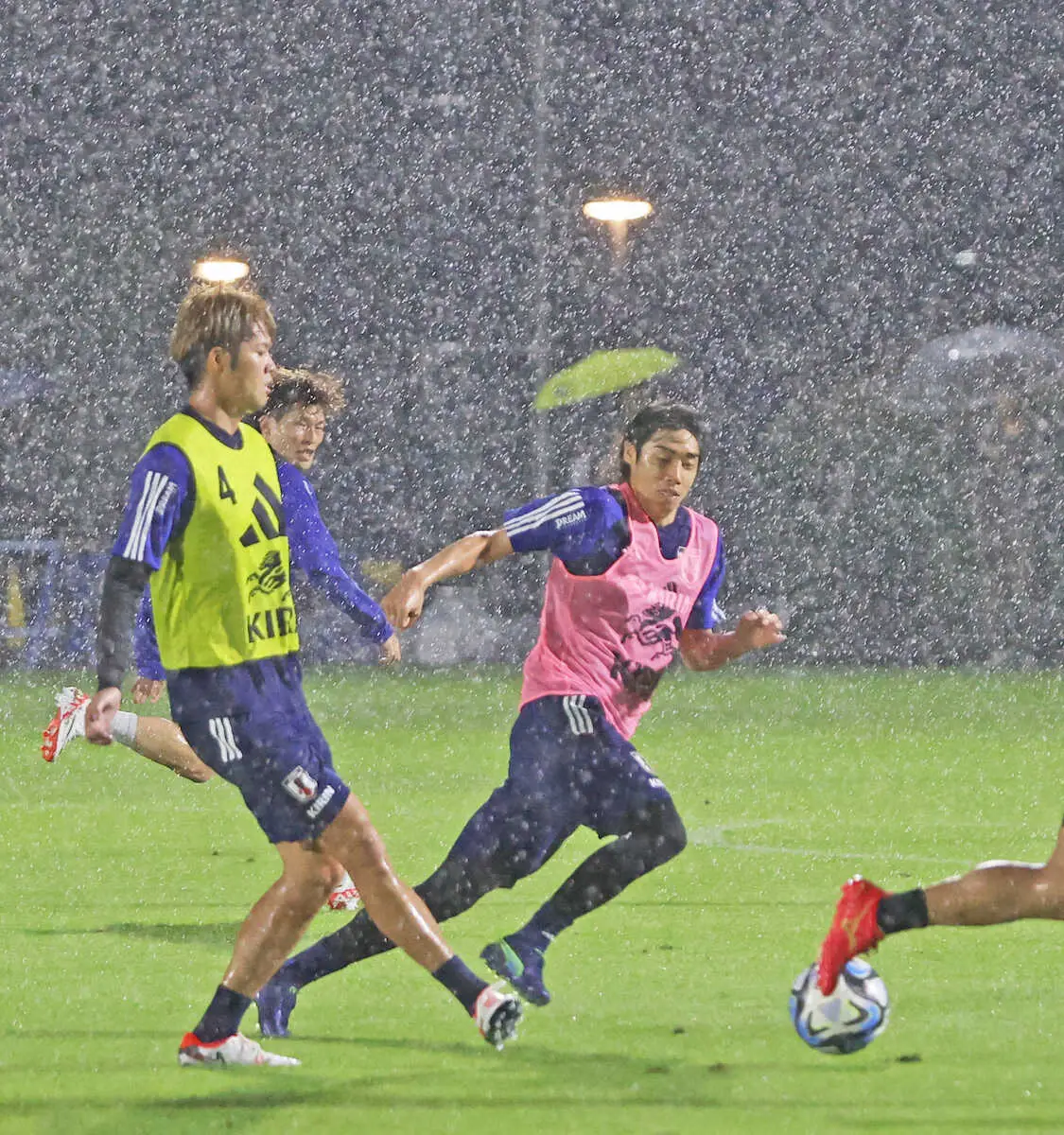 ＜サッカー日本代表練習＞大雨の中、練習に汗を流す伊東（右）ら（撮影・西海健太郎）