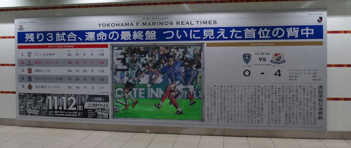 J1横浜　横浜駅構内に「リアタイ新聞」掲出　画家・小木曽氏が試合ごとにライブペインティングで更新