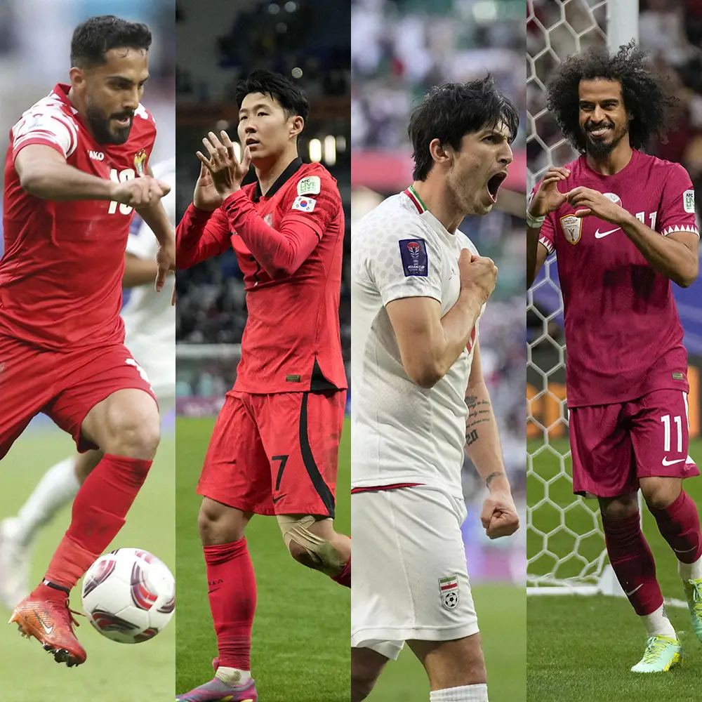 アジア杯4強入りを決めた（左から）ヨルダン代表アルタマリ、韓国代表ソン・フンミン、イラン代表アズムン、カタール代表アフィフ（AP）
