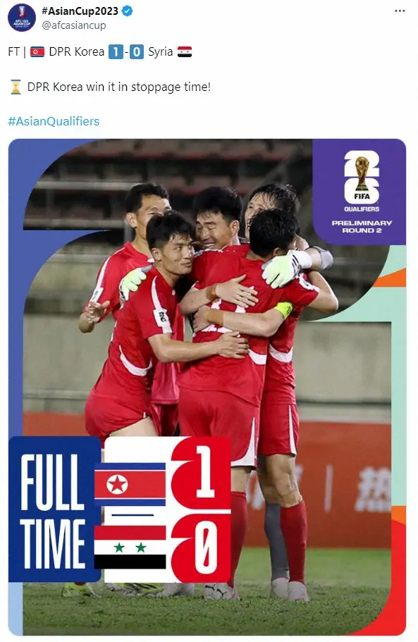 AFCアジアカップ公式X（@afcasiancup）から。W杯アジア2次予選で北朝鮮がシリアに勝利したことを伝えた
