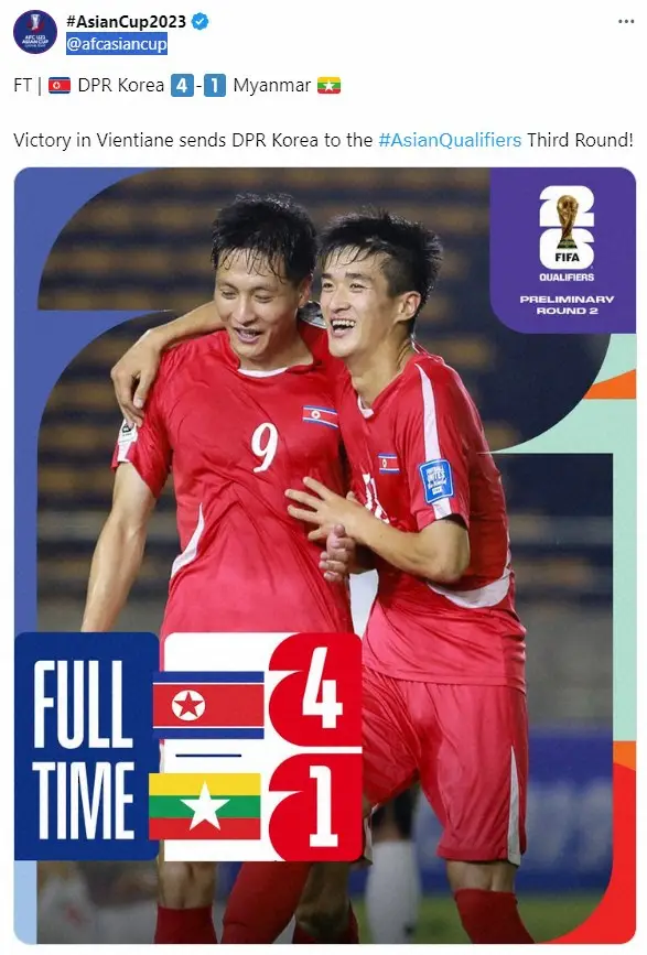 AFCアジア杯公式X（@afcasiancup）から。左がハットトリックを達成した北朝鮮代表FWリ・ジョグク