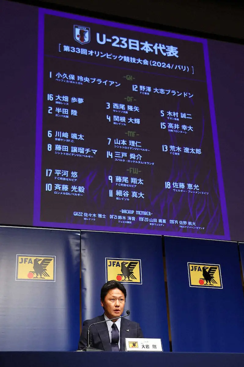 パリ五輪に臨むU―23日本代表メンバーを発表する大岩剛監督