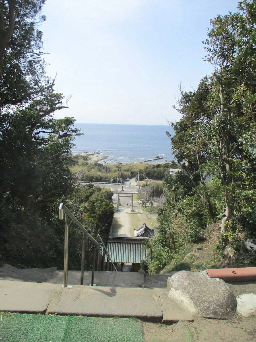 長い階段を上った先の洲崎神社の境内から海が見えた