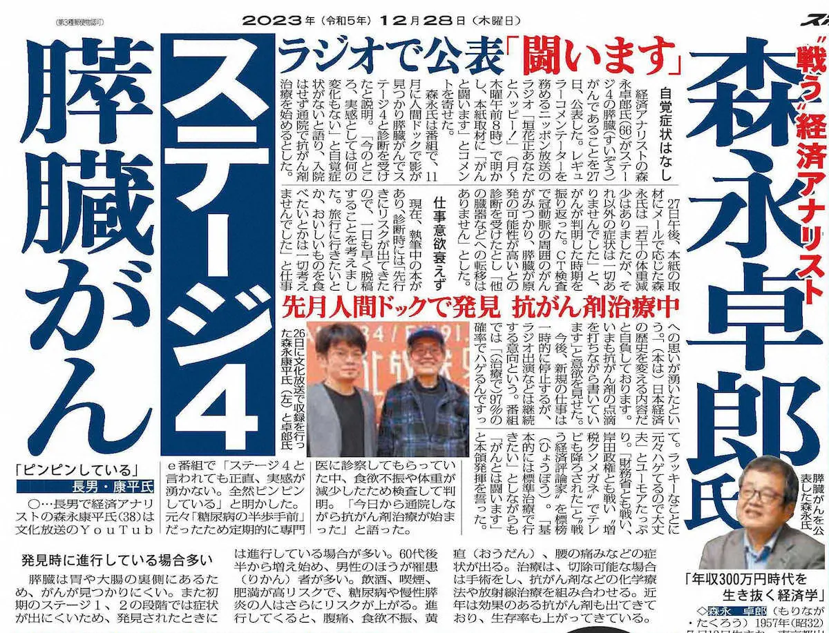 23年12月28日付、森永卓郎氏の膵臓がんを伝える本紙芸能面