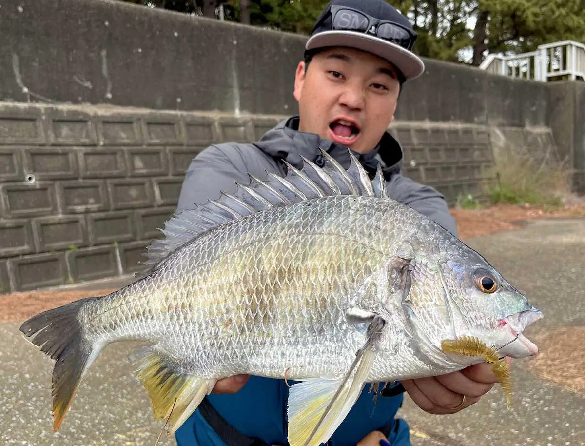 良型のキビレを釣り上げた筆者