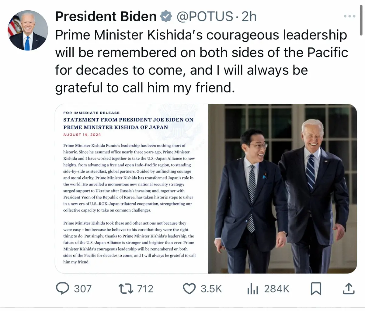 ジョー・バイデン大統領のX（@POTUS）から