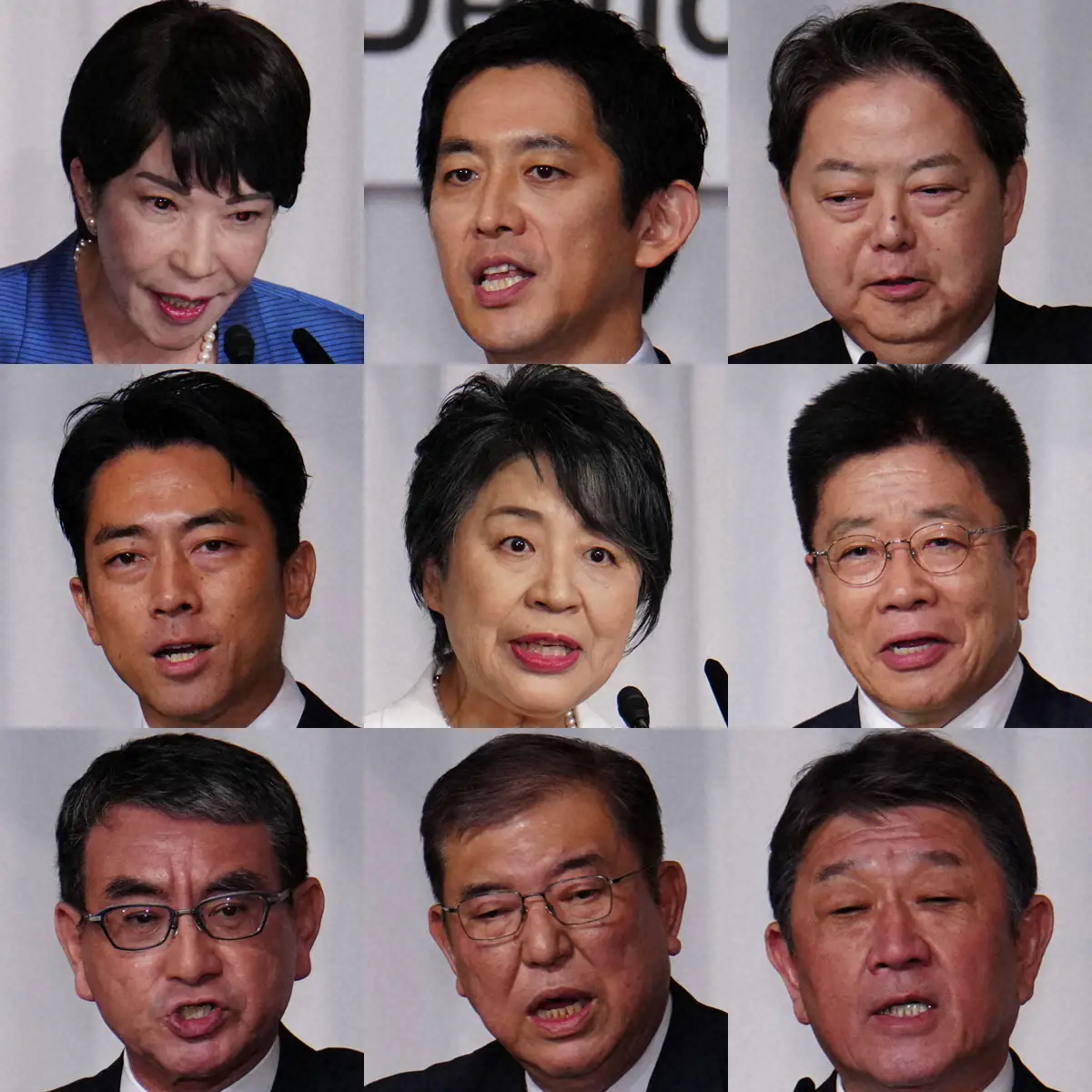 【画像・写真】総裁選に立候補した9人（上段左から）①高市早苗氏、②小林鷹之氏、③林芳正氏（中段左から）④小泉進次郎氏、⑤上川陽子氏、⑥加藤勝信氏（下段左から）⑦河野太郎氏、⑧石破茂氏、⑨茂木敏充氏　※丸数字は届け出順