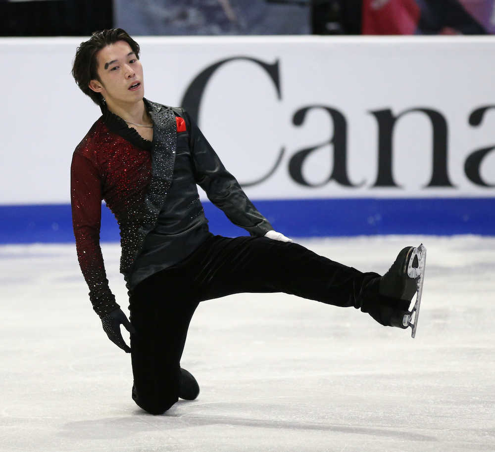 スケートカナダ男子フリーの演技を終え悔しそうな表情の無良崇人（撮影・小海途　良幹）