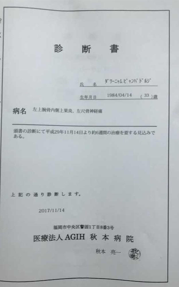 日本相撲協会が公表した日馬富士の診断書