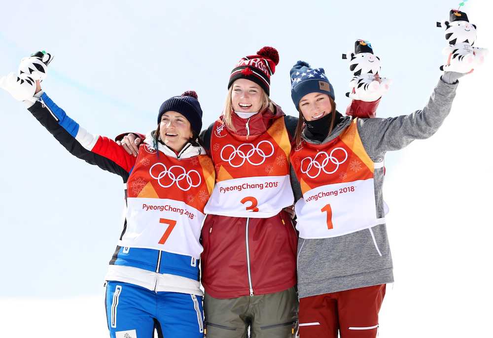 女子ハーフパイプで優勝し、セレモニーで笑顔のカナダのキャシー・シャープ（中央）。左は２位でフランスのマリー・マルティノ、右は３位で米国のブリタ・シガニー（共同）