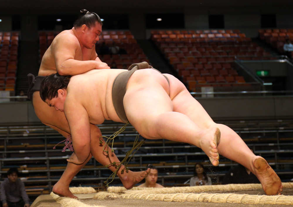 大相撲春場所１１日目　夏野登岩（左）との全勝対決を制した納谷