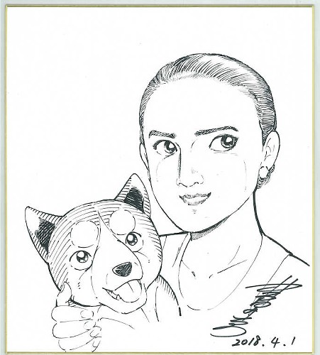 漫画「銀牙―流れ星　銀―」の作者、高橋よしひろ氏が色紙に描いたザギトワと秋田犬の銀