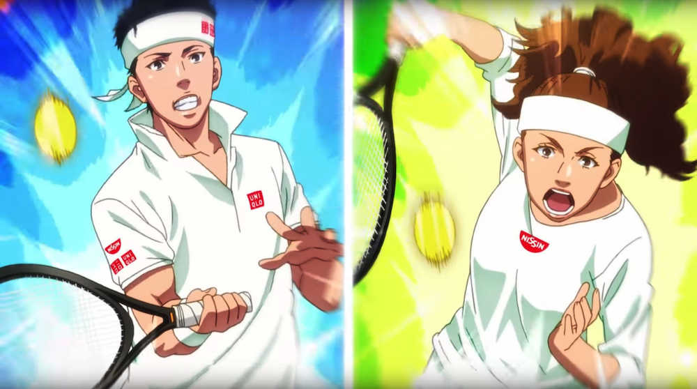 　日清食品の広告動画で肌を白く表現された大坂なおみ選手（右）。左は錦織圭選手（日清食品グループ公式チャンネルのユーチューブより）