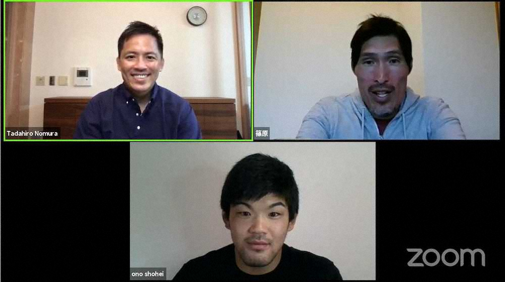 YouTubeでオンライントークショーを行った（左上から時計回りに）野村忠宏氏、篠原信一氏、大野将平