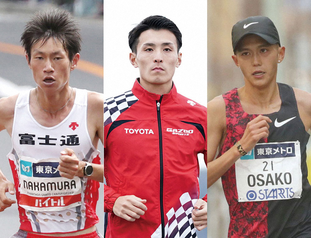 東京五輪男子マラソン代表の（左から）中村匠吾、服部勇馬、大迫傑