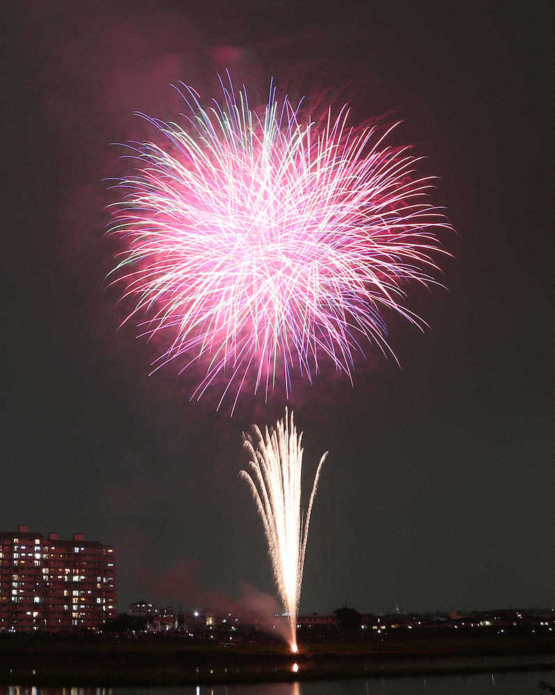 東京五輪開会式の予定時刻に東京・多摩川の河川敷で打ち上げられた花火（撮影・田中　和也）