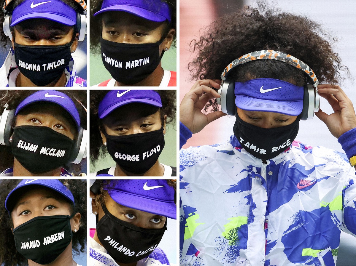 人種差別に抗議して黒人被害者名が入ったマスクを着用した大坂（左列上から下に１回戦～３回戦、中央上から下に４回戦～準決勝、右は決勝）（ＡＰとゲッティ）