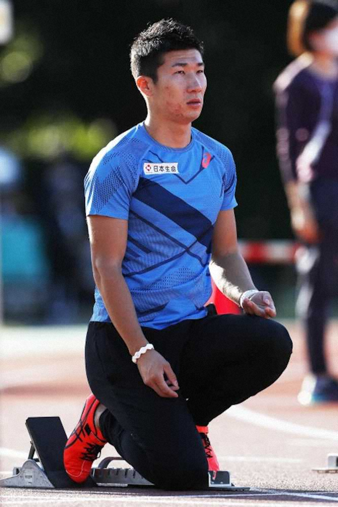 陸上の日本選手権男子100メートルに出る桐生祥秀は前日練習でスタートを確認する（提供:フォート・キシモト/日本陸上競技連盟）
