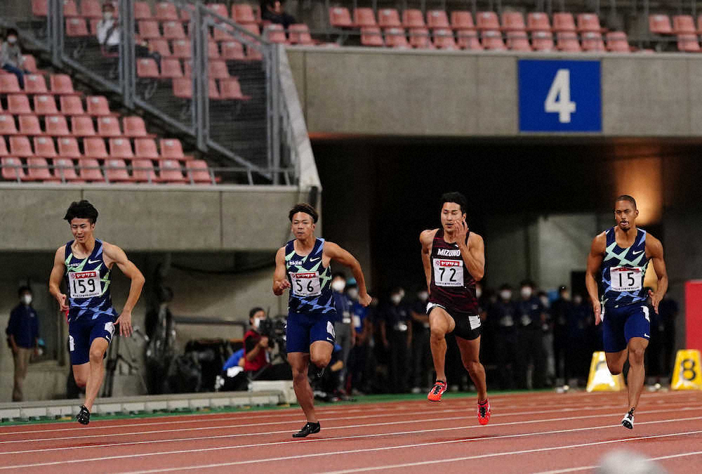 男子100メートル準決勝、力走を見せる（左から）多田修平、白石黄良々、飯塚翔太、ケンブリッジ飛鳥（撮影・小海途　良幹）