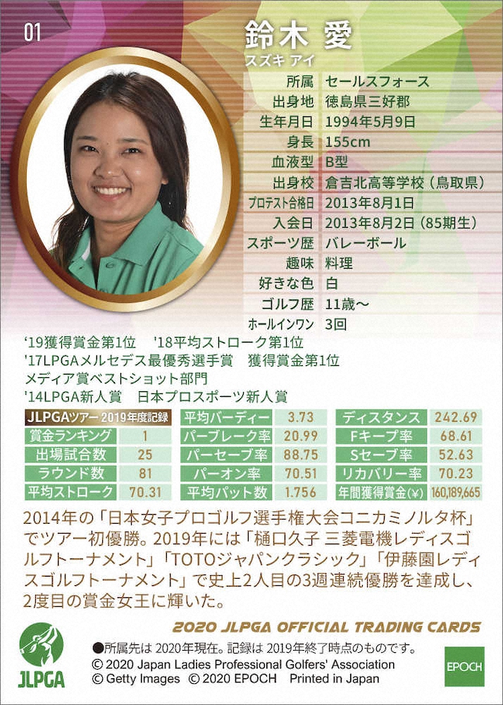 「2020　日本女子プロゴルフ協会　オフィシャルトレーディングカード」鈴木愛レギュラーカード裏面
