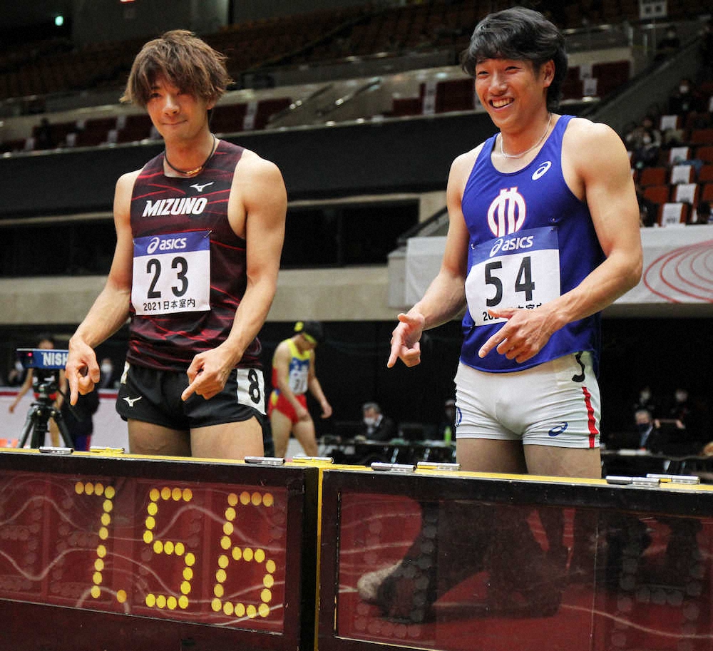 男子60メートル障害予選で同着で室内日本新記録をマークした金井大旺（左）と泉谷駿介（撮影・北條　貴史）