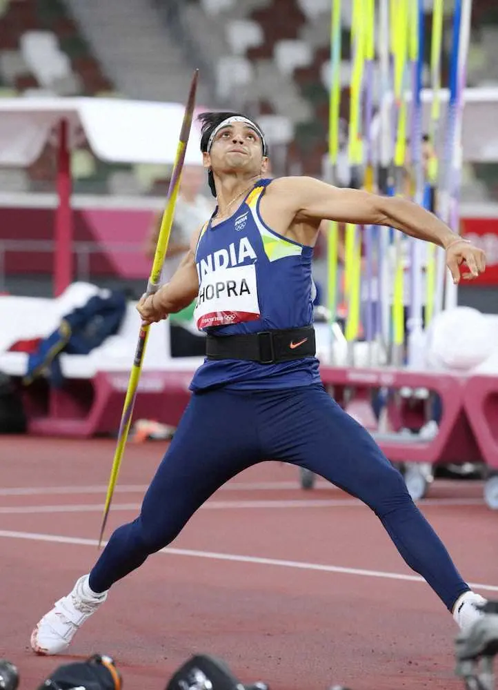 男子やり投げ決勝　87メートル58で優勝したインドのニーラージ・チョプラ