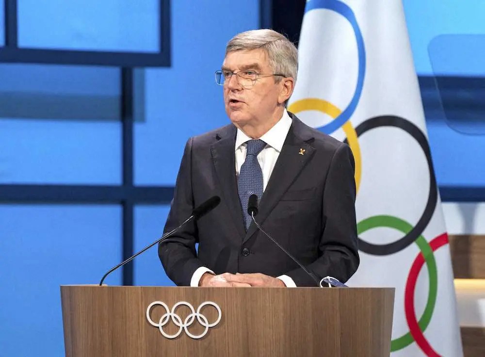 　IOC総会であいさつするバッハ会長（IOC提供）