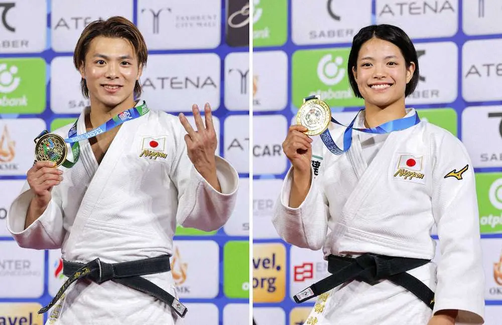 柔道の世界選手権で兄妹そろって優勝し、金メダルを掲げる男子66キロ級の阿部一二三（左）と女子52キロ級の阿部詩＝7日、タシケント（共同）
